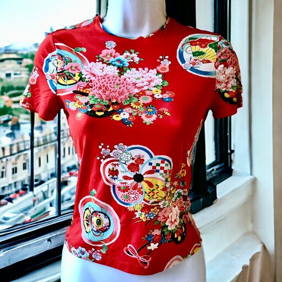 Vintage Floral Orange Short Sleeve Top Made in France Womens 31 Stretch … - Picture 3 of 10